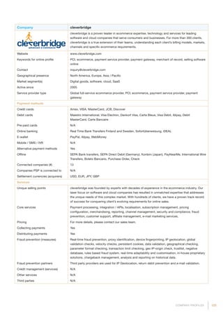 125COMPANY PROFILES
Company cleverbridge
cleverbridge is a proven leader in ecommerce expertise, technology and services for leading
software and cloud companies that serve consumers and businesses. For more than 300 clients,
cleverbridge is a true extension of their teams, understanding each client’s billing models, markets,
channels and specific ecommerce requirements.
Website www.cleverbridge.com
Keywords for online profile PCI, ecommerce, payment service provider, payment gateway, merchant of record, selling software
online
Contact inquiry@cleverbridge.com
Geographical presence North America, Europe, Asia / Pacific
Market segment(s) Digital goods, software, cloud, SaaS
Active since 2005
Service provider type Global full-service ecommerce provider, PCI, ecommerce, payment service provider, payment
gateway
Payment methods
Credit cards Amex, VISA, MasterCard, JCB, Discover
Debit cards Maestro International, Visa Electron, Dankort Visa, Carte Bleue, Visa Debit, Alipay, Debit
MasterCard, Carte Bancaire
Pre-paid cards N/A
Online banking Real Time Bank Transfers Finland and Sweden, Sofortüberweisung, iDEAL
E-wallet PayPal, Alipay, WebMoney
Mobile / SMS / IVR N/A
Alternative payment methods Yes
Offline SEPA Bank transfers, SEPA Direct Debit (Germany), Konbini (Japan), PayNearMe, International Wire
Transfers, Boleto Bancario, Purchase Order, Check
Connected companies (#) 13
Companies PSP is connected to N/A
Settlement currencies (acquirers) USD, EUR, JPY, GBP
Services
Unique selling points cleverbridge was founded by experts with decades of experience in the ecommerce industry. Our
laser focus on software and cloud companies has resulted in unmatched expertise that addresses
the unique needs of this complex market. With hundreds of clients, we have a proven track record
of success for conquering client’s evolving requirements for online sales.
Core services Payment processing, integration / APIs, localisation, subscription management, pricing
configuration, merchandising, reporting, channel management, security and compliance, fraud
prevention, customer support, affiliate management, e-mail marketing services.
Pricing For more details, please contact our sales team.
Collecting payments Yes
Distributing payments Yes
Fraud prevention (measures) Real-time fraud prevention, proxy identification, device fingerprinting, IP geolocation, global
validation checks, velocity checks, persistent cookies, data validation, geographical checking,
parameter format checking, transaction limit checking, geo IP-origin check, trustlist, negative
database, rules based fraud system, real-time adaptability and customisation, in-house proprietary
solutions, chargeback management, analysis and reporting on historical data.
Fraud prevention partners Third party providers are used for IP Geolocation, return debit prevention and e-mail validation.
Credit management (services) N/A
Other services N/A
Third parties N/A
 
