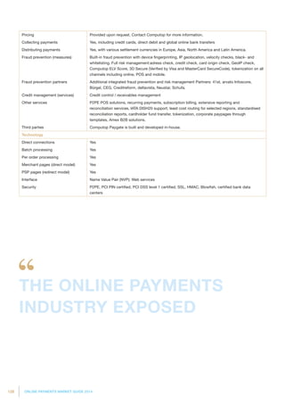128 ONLINE PAYMENTS MARKET GUIDE 2014
Pricing Provided upon request. Contact Computop for more information.
Collecting payments Yes, including credit cards, direct debit and global online bank transfers
Distributing payments Yes, with various settlement currencies in Europe, Asia, North America and Latin America.
Fraud prevention (measures) Built-in fraud prevention with device fingerprinting, IP geolocation, velocity checks, black- and
whitelisting. Full risk management:adress check, credit check, card origin check, GeoIP check,
Computop ELV Score, 3D Secure (Verified by Visa and MasterCard SecureCode), tokenization on all
channels including online, POS and mobile.
Fraud prevention partners Additional integrated fraud prevention and risk management Partners: 41st, arvato Infoscore,
Bürgel, CEG, Creditreform, deltavista, Neustar, Schufa.
Credit management (services) Credit control / receivables management
Other services P2PE POS solutions, recurring payments, subscription billing, extensive reporting and
reconciliation services, IATA DISH20 support, least cost routing for selected regions, standardised
reconciliation reports, cardholder fund transfer, tokenization, corporate paypages through
templates, Amex B2B solutions.
Third parties Computop Paygate is built and developed in-house.
Technology
Direct connections Yes
Batch processing Yes
Per order processing Yes
Merchant pages (direct model) Yes
PSP pages (redirect model) Yes
Interface Name Value Pair (NVP); Web services
Security P2PE, PCI PIN certified, PCI DSS level 1 certified, SSL, HMAC, Blowfish, certified bank data
centers
THE ONLINE PAYMENTS
INDUSTRY EXPOSED
 