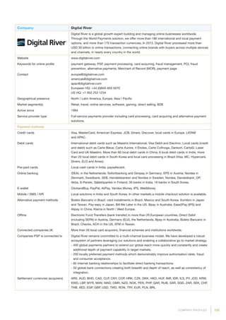 135COMPANY PROFILES
Company Digital River
Digital River is a global growth expert building and managing online businesses worldwide.
Through the World Payments solution, we offer more than 180 international and local payment
options, and more than 170 transaction currencies. In 2013, Digital River processed more than
USD 30 billion in online transactions, connecting online brands with buyers across multiple devices
and channels, in nearly every country in the world.
Website www.digitalriver.com
Keywords for online profile payment gateway, PSP, payment processing, card acquiring, fraud management, PCI, fraud
prevention, alternative payments, Merchant of Record (MOR), payment page
Contact europe@digitalriver.com
americas@digitalriver.com
apac@digitalriver.com
European HQ: +44 (0)845 603 5070
US HQ: +1 952 253 1234
Geographical presence North / Latin America, Europe, Asia / Pacific
Market segment(s) Retail, travel, online services, software, gaming, direct selling, B2B
Active since 1994
Service provider type Full-service payments provider including card processing, card acquiring and alternative payment
solutions.
Payment methods
Credit cards Visa, MasterCard, American Express, JCB, Diners, Discover, local cards in Europe, LATAM
and APAC.
Debit cards International debit cards such as Maestro International, Visa Debit and Electron. Local cards (credit
and debit) such as Carte Bleue, Carte Aurore, 4 Étoiles, Carte Cofinoga, Dankort, CartaSi, Laser
Card and UK Maestro. More than 60 local debit cards in China, 6 local debit cards in India, more
than 20 local debit cards in South Korea and local card processing in Brazil (Visa, MC, Hypercard,
Diners, ELO and Amex).
Pre-paid cards Local cash cards in India, paysafecard.
Online banking iDEAL in the Netherlands; Sofortbanking and Giropay in Germany; EPS in Austria; Nordea in
Denmark; Swedbank, SEB, Handelsbanken and Nordea in Sweden; Nordea, Danskebank, OP,
Aktia, S-Pankki, Säästöpankki in Finland; 39 banks in India; 19 banks in South Korea.
E-wallet ClickandBuy, PayPal, AliPay, Yandex.Money, IPS, WebMoney
Mobile / SMS / IVR Local solutions in India and South Korea. In other markets a mobile checkout solution is available.
Alternative payment methods Boleto Bancario in Brazil, card installments in Brazil, Mexico and South Korea. Kombini in Japan
and Taiwan. Pay-easy in Japan. Bill Me Later in the US. Bpay in Australia. Ease2Pay (IPS) and
Alipay in China. Klarna in North / West Europe.
Offline Electronic Fund Transfers (bank transfer) in more than 20 European countries, Direct Debit
(including SEPA) in Austria, Germany (ELV), the Netherlands, Bpay in Australia, Boleto Bancario in
Brazil, Checks, ACH in the US, ATM in Taiwan.
Connected companies (#) More than 50 local card acquirers, financial schemes and institutions worldwide.
Companies PSP is connected to Digital River remains committed to a multi-channel business model. We have developed a robust
ecosystem of partners leveraging our solutions and enabling a collaborative go to market strategy.
- 400 global payments partners to extend our global reach more quickly and constantly and create
additional depth of payment capability in target markets.
- 200 locally preferred payment methods which demonstrably improve authorisation rates, fraud
and consumer acceptance.
- 85 internet banking relationships to facilitate direct banking transactions.
- 50 global bank connections creating both breadth and depth of reach, as well as consistency of
integration.
Settlement currencies (acquirers) ARS, AUD, BHD, CAD, CLP, CNY, COP, HRK, CZK, DKK, HKD, HUF, INR, IDR, ILS, PY, JOD, KRW,
KWD, LBP, MYR, MXN, MAD, OMR, NZD, NOK, PEN, PHP, QAR, RUB, SAR, SGD, ZAR, SEK, CHF,
THB, AED, EGP, GBP, USD, TWD, RON, TRY, EUR, PLN, BRL
 