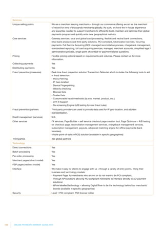 136 ONLINE PAYMENTS MARKET GUIDE 2014
Services
Unique selling points We are a merchant serving merchants – through our commerce offering we act as the merchant
of record for tens of thousands merchants globally. As such, we have the in-house experience
and expertise needed to support merchants to efficiently build, maintain and optimise their global
payments program and quickly enter new geographical markets.
Core services Gateway services: local and global card processing, flexible and neutral bank connections,
retail bank products and third party solutions, PCI compliant, tokenization services, recurring
payments. Full Service Acquiring (ISO): managed reconciliation process, chargeback management,
standardised reporting, full card acquiring services, managed merchant accounts, simplified legal /
administrative process, single point of contact for payment related questions.
Pricing Flexible pricing options based on requirements and volumes. Please contact us for more
information.
Collecting payments Yes
Distributing payments Yes
Fraud prevention (measures) Real-time fraud prevention solution Transaction Defender which includes the following tools to aid
in fraud detection:
- Proxy Piercing
- IP Geo-location
- Device Fingerprinting
- Velocity checking
- Blocked lists
- Trusted lists
- Customizable fraud thresholds (by site, market, product, etc.)
- UTF-8 Support
- Re-screening Engine (A/B testing for new fraud rules)
Fraud prevention partners Third-party providers are used to provide data used for IP geo-location, and address
standardisation.
Credit management (services) N/A
Other services FX services, Page Builder – self service checkout page creation tool, Page Optimizer – A/B testing
for checkout page, reconciliation management services, chargeback management services,
subscription management, payouts, advanced matching engine for offline payments (bank
transfers).
Mobile point-of-sale (mPOS) solution (available in specific geographies)
Third parties 400 global partners
Technology
Direct connections Yes
Batch processing Yes
Per order processing Yes
Merchant pages (direct model) Yes
PSP pages (redirect model) Yes
Interface We make it easy for clients to engage with us – through a variety of entry points, fitting their
business and technology models:
- Payment Page: for merchants who are not or do not want to be PCI compliant.
- Through API solutions allowing PCI compliant merchants to interface directly to our payment
solutions/
- White-labelled technology – allowing Digital River to be the technology behind our merchants’
brands (available in specific geographies)
Security Level 1 PCI compliant, PSD license holder
 