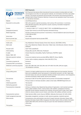 143COMPANY PROFILES
Company EVO Payments
EVO Payments International offers international full-service solutions including debit and credit
card acceptance and other non-cash payment methods, risk minimisation and further value added
services. The acquirer and payment service provider is the exclusive card acquiring provider for
Deutsche Bank’s Global Transaction Banking in Europe and was repeatedly named ‘best acquirer
for international merchants’.
Website www.EVOpayments.eu
Keywords for online profile PSP, online payment, payment processing, multi-currency, PCI, ecommerce, m-commerce,
POS, alternative payments, after payments, acquirer, acquiring, receivables management,
liquidity management
Contact T +49 (0) 221-99577-0 F T +49 (0) 221-99577-730 E: info.EMEA@EVOpayments.com
Geographical presence Europe, North America via the EVO Payments International Group
Market segment(s) All types of trade and service provison in ecommerce, e-mail and telephone order and at the point
of sale, B2B and B2C.
Active since 2013 (1999)
Service provider type Acquirer and payment service provider (PSP)
Payment methods
Credit cards Visa, MasterCard, American Express, Diners Club, Discover, JCB, IKANO, AirPlus
Debit cards Visa, V Pay, MasterCard, Maestro, Bancontact / Mister Cash, Carte Bancaire, Dankort, Girocard,
GeldKarte
Pre-paid cards Cash-Ticket, paysafecard
Online banking Giropay (DE), eps (AT), iDEAL (NL), Przelewy24
E-wallet Amazon Payments, ClickandBuy, PayPal, PostFinance, POSTPAY, Yapital
Mobile / SMS / IVR mPass
Alternative payment methods Invoice and instalment service providers BillPay, BillSA FE, Klarna, RatePay
Offline Invoice, cash-on-delivery, prepayment, direct debit (DE, AT, NL)
Connected companies (#) Numerous
Companies PSP is connected to Numerous
Settlement currencies (acquirers) EUR, USD, GBP, CAD, CHF, CZK, DKK, HUF, JPY, NOK, PLN, SEK, ZAR and roughly
120 transaction currencies.
Services
Unique selling points Thanks to its highly qualified resources as well as detailed global and local expertise, Deutsche
Bank and its repeatedly named ‘best acquirer for international merchants’ can offer: higher sales
and lower losses, less work and complexity, flexibility and tailor-made solutions, more transparency
and leaner procedures, better liquidity, security and reliability.
Core services Acquiring for CNP, CP and ATM, payment service provision and receivables management.
Pricing Pricing is based on individual calculation, please contact sales. EMEA@EVOpayments.com.
Collecting payments Yes (acquirer)
Distributing payments Yes (acquirer)
Fraud prevention (measures) 3D Secure, Verified by Visa, MasterCard SecureCode, IP geolocation, multi-merchant purchase
history, global validation checks, velocity checks, data validation, geographical checking,
parameter format checking, transaction limit checking, risk scoring, geo IP-origin check, black /
white list, solvency checks, account checks, card checks, AVS, address verification services.
Fraud prevention partners Retail decisions (ReD), arvato infoscore, BÜRGEL, Deltavista, Domnowski, SC HUFA, KUNO.
Credit management (services) Receivables management, purchase on credit, payment guarantee, instalment payment.
Other services Comprehensive online administration tools free of charge: Automatic Information System (AIS),
Business Information System (BIS), Chargeback Information System (CIS) and Debtor Information
System (DIS); MOTO SSL terminal for easy and quick mail order transactions; extensions for
online-shop.
Third parties Numerous
 