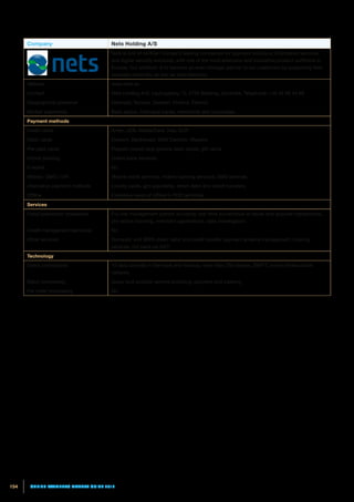 154 ONLINE PAYMENTS MARKET GUIDE 2014
Company Nets Holding A/S
Nets is one of northern Europe’s leading companies for payment solutions, information services
and digital security solutions, with one of the most extensive and innovative product portfolios in
Europe. Our ambition is to become an even stronger partner to our customers by supporting their
business nationally as well as internationally.
Website www.nets.eu
Contact Nets Holding A/S, Lautrupbjerg 10, 2750 Ballerup, Denmark, Telephone: +45 44 68 44 68
Geographical presence Denmark, Norway, Sweden, Finland, Estonia
Market segment(s) Bank sector, individual banks, merchants and corporates
Payment methods
Credit cards Amex, JCB, MasterCard, Visa, CUP
Debit cards Dankort, BankAxept, VISA Electron, Maestro
Pre-paid cards Prepaid closed loop (private label cards), gift cards
Online banking Online bank services
E-wallet No
Mobile / SMS / IVR Mobile wallet services, mobile banking services, SMS services.
Alternative payment methods Loyalty cards, giro payments, direct debit and credit transfers.
Offline Extensive views of offline in POS terminals.
Services
Fraud prevention (measures) Full risk management system including: real-time surveillance of issuer and acquirer transactions,
pro-active blocking, merchant applications, data investigation.
Credit management (services) No
Other services Domestic and SEPA direct debit and credit transfer payment scheme management, clearing
services, hot back-up 24/7.
Technology
Direct connections 10 data centrals in Denmark and Norway, more than 250 issuers, SWIFT, online infrastructure
network.
Batch processing Issuer and acquirer service providing, payment and clearing.
Per order processing No
 