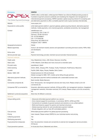 155COMPANY PROFILES
Company ONPEX
ONPEX offers a white-label, unified payment Platform as a Service (PaaS) providing access to
hundreds of payment products worldwide and simplifying the integration and management of
international payment processing. ONPEX operates a global acquiring network for accepting card
and alternative payments to offer a complete payment suite to grow business internationally.
Website www.onpex.com
Keywords for online profile white-label payment platform, payment gateway, global acquiring network, alternative payment
methods, mobile payments, omni-channel payments, worldwide connectivity, risk management
Contact sales@onpex.com
Luxembourg +352 27 861177
Germany +49 89 41614310
UK +44 203 6089877
US +1 310 5640168
Hong Kong +85 2580 87187
Singapore +653 1 586945
Geographical presence Global
Market segment(s) Active in all merchant industry sectors and specialised in providing services to banks, PSPs, ISOs
and developers.
Active since 2010
Service provider type Payment technology provider, merchant account provider, financial services
Payment methods
Credit cards Visa, MasterCard, Amex, JCB, Diners, Discover, UnionPay
Debit cards V PAY, Maestro, Carte Bleue and many local and co-branded cards
Pre-paid cards paysafecard, Ukash
Online banking Sofort, iDEAL, Giropay, EPS, Trustpay, Trustly, Przelewy24, PostFinance, Mazooma
E-wallet PayPal, QIWI, Alipay, Tenpay, Neteller, Skrill, CashU
Mobile / SMS / IVR Hosted solutions for iOS and Android.
Global coverage for SMS / IVR / mobile carrier billing through partners.
Alternative payment methods Any alternative payment method worldwide with a reasonable business case
Offline Bank transfer, Boleto Bancario
Connected companies (#) Over 100 acquirers, risk management services and many more. Please contact us for full
connectivity list.
Companies PSP is connected to Acquirers, alternative payment methods, 3D Secure MPIs, risk management solutions, chargeback
management networks, information services, KYC checks. Please contact us for full connectivity
list.
Settlement currencies (acquirers) More than 40 different currencies
Services
Unique selling points - Advanced white-label payment platform as a service
- Omni-channel support for ecommerce, m-commerce, MOTO, mPOS and POS
- Connectivity to hundreds of payment products and solutions on one unified platform
- Multi-level hierarchy support for partner and merchant structures
- Global acquiring network for card and alternative payment methods
- Simple integration with our fully API controllable platform
Core services White-label payment platform for global payment processing
Pricing Upon request. Please contact ONPEX for your individual solution and pricing.
Collecting payments Yes
Distributing payments Yes
Fraud prevention (measures) Own risk prevention module and connectivity to external risk management service providers.
3D Secure.
Fraud prevention partners In-house plus Kount, Webshield and others
 