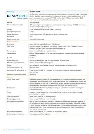 166 ONLINE PAYMENTS MARKET GUIDE 2014
Company PAYONE GmbH
PAYONE is one of the leading bank-independent payment service providers in Europe. The modular
platform is a SaaS solution designed to provide companies with an automated processing for all
payment transactions in ecommerce. PAYONE was founded in 2002 and has more than 2,500
ecommerce customers from different industries and countries.
Website www.payone.de
Keywords for online profile PSP, payment gateway, online payment, payment processing, online shop, PCI DSS, ecommerce,
integrated risk and debtor management
Contact E-mail: sales@payone.de / Phone: +49 431 25698-400
Geographical presence Europe
Market segment(s) Retail, digital content, VoD, paid services, gaming, ticketing, other
Active since 2002
Service provider type Payment service provider
Payment methods
Credit cards AmEx, JCB, Visa, MasterCard, Diners Club, Discover
Debit cards Bancontact/Mister Cash, Maestro, Visa Electron, Dankort, Laser, Delta, Carte Bleue, CartaSi,
Postepay, Visa Debit, Carte Bancaire, CartaSi, Carte Bleue etc.
Pre-paid cards Please contact PAYONE for more information.
Online banking Giropay, SOFORT Banking, iDEAL, eps – electronic payment standard, PostFinance E-Finance,
Przelewy24
E-wallet PayPal
Mobile / SMS / IVR PAYONE In-App Payment SDK for iOS, Android and Windows Phone
Alternative payment methods Virtual currency (credits) in online games
Offline Bank transfers in most European countries, prepayment, cash on delivery, invoice
Connected companies (#) More than 2500
Companies PSP is connected to Please contact PAYONE for a complete list of connected processors, acquiring banks and
other partners.
Settlement currencies (acquirers) Worldwide
Services
Unique selling points Software-as-a-Service solution, all payment methods for successful ecommerce, integrated risk
management, simple integration thanks to genuine Plug’n’Pay; only pay for what you actually use;
payment expertise for more than 10 years; highest security standards, customer service by highly
experienced and specialised employees, annual multi-billion euro clearing volume.
Core services Payment platform for online payment processing, risk and debtor management, invoicing and
subscription handling.
Pricing Interested merchants always get an individual offer that combines our services in a package
perfectly fitting the needs.
Collecting payments Please contact PAYONE for more information.
Distributing payments Please contact PAYONE for more information.
Fraud prevention (measures) PAYONE offers comprehensive risk checks and automatically analyses all payment processes in
the background to detect potential fraud patterns and risks of non-payment. We provide you with
a variety of checks to minimise payment defaults and fraud. Address checks, bank account check,
BIN check, BIN country filter, credit assessments, credit card check, IP check, IP country filter,
POS lock file, velocity check
Fraud prevention partners Please contact PAYONE for a complete list of connected partners.
Credit management (services) Yes, via partner, but fully integrated.
 