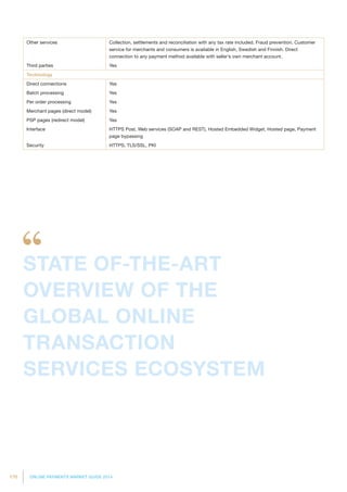 170 ONLINE PAYMENTS MARKET GUIDE 2014
Other services Collection, settlements and reconciliation with any tax rate included. Fraud prevention. Customer
service for merchants and consumers is available in English, Swedish and Finnish. Direct
connection to any payment method available with seller’s own merchant account.
Third parties Yes
Technology
Direct connections Yes
Batch processing Yes
Per order processing Yes
Merchant pages (direct model) Yes
PSP pages (redirect model) Yes
Interface HTTPS Post, Web services (SOAP and REST), Hosted Embedded Widget, Hosted page, Payment
page bypassing
Security HTTPS, TLS/SSL, PKI
STATE OF-THE-ART
OVERVIEW OF THE
GLOBAL ONLINE
TRANSACTION
SERVICES ECOSYSTEM
 