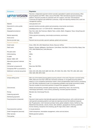 175COMPANY PROFILES
Company Payvision
Payvision, independent payment solution provider, specialised in global card processing, offers
Acquiring Banks and PSPs / ISOs a secure PCI-DSS / PSD international payment processing
platform. Payvision provides its customers with 24/7 support, more than 150 transaction
currencies and regional card settlement currencies, a high-end reporting interface and a solid risk
management solution.
Website www.payvision.com
Keywords for online profile payment solutions provider, global card processing, cross-border ecommerce
Contact press@payvision.com / +31 2079 423 00 – Netherlands office
Geographical presence New York, Utah, San Francisco, Madrid, Paris, London, Berlin, Singapore, Tokyo, Hong Kong and
Macau, Auckland
Market segment(s) Online payment processing, cross-border ecommerce, ecommerce
Active since 2002
Service provider type Payment service provider, payment gateway, global card processor
Payment methods
Credit cards Amex, VISA, CB, JCB, MasterCard, Diners, Discover, AirPlus
Debit cards Maestro, Giropay, (e)Maestro, Visa Electron, Carte Bleue, Visa Debit, China UnionPay, Alipay, Visa
CPC, Debit MasterCard, Carte Bancaire
Pre-paid cards No
Online banking iDEAL
E-wallet No
Mobile / SMS / IVR Yes
Alternative payment methods No
Offline No
Connected companies (#) More than 300 PSPs
Companies PSP is connected to No
Settlement currencies (acquirers) CAD, CHF, CZK, DKK, EUR, GBP, HUF, ISK, JPY, NOK, PLN, SEK, THB, TRY, USD, ZAR, AUD,
HKD, NZD, INR, MYR, SGD
Services
Unique selling points With one of the fastest growing global acquiring network in the world, Payvision connects banks,
PSPs, ISOs and more than 5,000 web merchants worldwide, to one global acquiring platform,
based on a non-competitive partnership model in which all stakeholders share revenue, processing
over 100 million transactions a year. In an expanding profitable cross-border ecommerce market,
Payvision enables its ecommerce partners to expand their geographic footprints.
Core services Global card processing, domestic global acquiring, underwriting, fraud / risk monitoring,
interchange optimisation, multi-currency processing, innovative payment solutions
Pricing Blended rate, Interchange Plus etc.
Collecting payments Yes
Distributing payments Yes
Fraud prevention (measures) Payvision’s best practice internationally approved underwriting protocol, with a solid and secure
card payment processing platform and high-end reporting tool and the traditional measures
like: IP geolocation, multi-merchant purchase history, global validation checks, Verified by Visa,
MasterCard SecureCode, velocity checks, data validation, geographical checking, parameter
format checking, transaction limit checking, geo IP-origin check, black / white list).
Fraud prevention partners In-house solutions
Credit management (services) Credit transactions, receivables management, online void and refund.
Other services Mobile payment systems
Third parties No
 