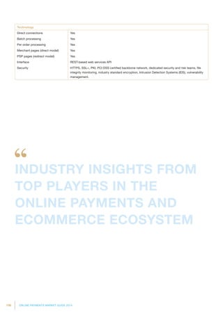 196 ONLINE PAYMENTS MARKET GUIDE 2014
Technology
Direct connections Yes
Batch processing Yes
Per order processing Yes
Merchant pages (direct model) Yes
PSP pages (redirect model) Yes
Interface REST-based web services API
Security HTTPS, SSL+, PKI, PCI DSS certified backbone network, dedicated security and risk teams, file
integrity monitoring, industry standard encryption, Intrusion Detection Systems (IDS), vulnerability
management.
INDUSTRY INSIGHTS FROM
TOP PLAYERS IN THE
ONLINE PAYMENTS AND
ECOMMERCE ECOSYSTEM
 