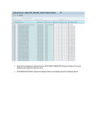  Data will be displayed in tabular format. ZPAYMENTTIMESTAM (Payment Date & Time) will
display online payment date and time.
 ZPAYMENTGATEWAY (Payment Gateway Name) will display Payment Gateway Name
 