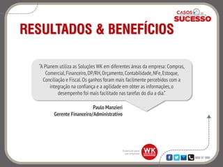 0800 47 3888
RESULTADOS & BENEFÍCIOS
Paulo Manzieri
Gerente Financeiro/Administrativo
“A Planem utiliza as Soluções WK em diferentes áreas da empresa: Compras,
Comercial,Financeiro,DP/RH,Orçamento,Contabilidade,NFe,Estoque,
Conciliação e Fiscal.Os ganhos foram mais facilmente percebidos com a
integração na confiança e a agilidade em obter as informações,o
desempenho foi mais facilitado nas tarefas do dia a dia.”
 