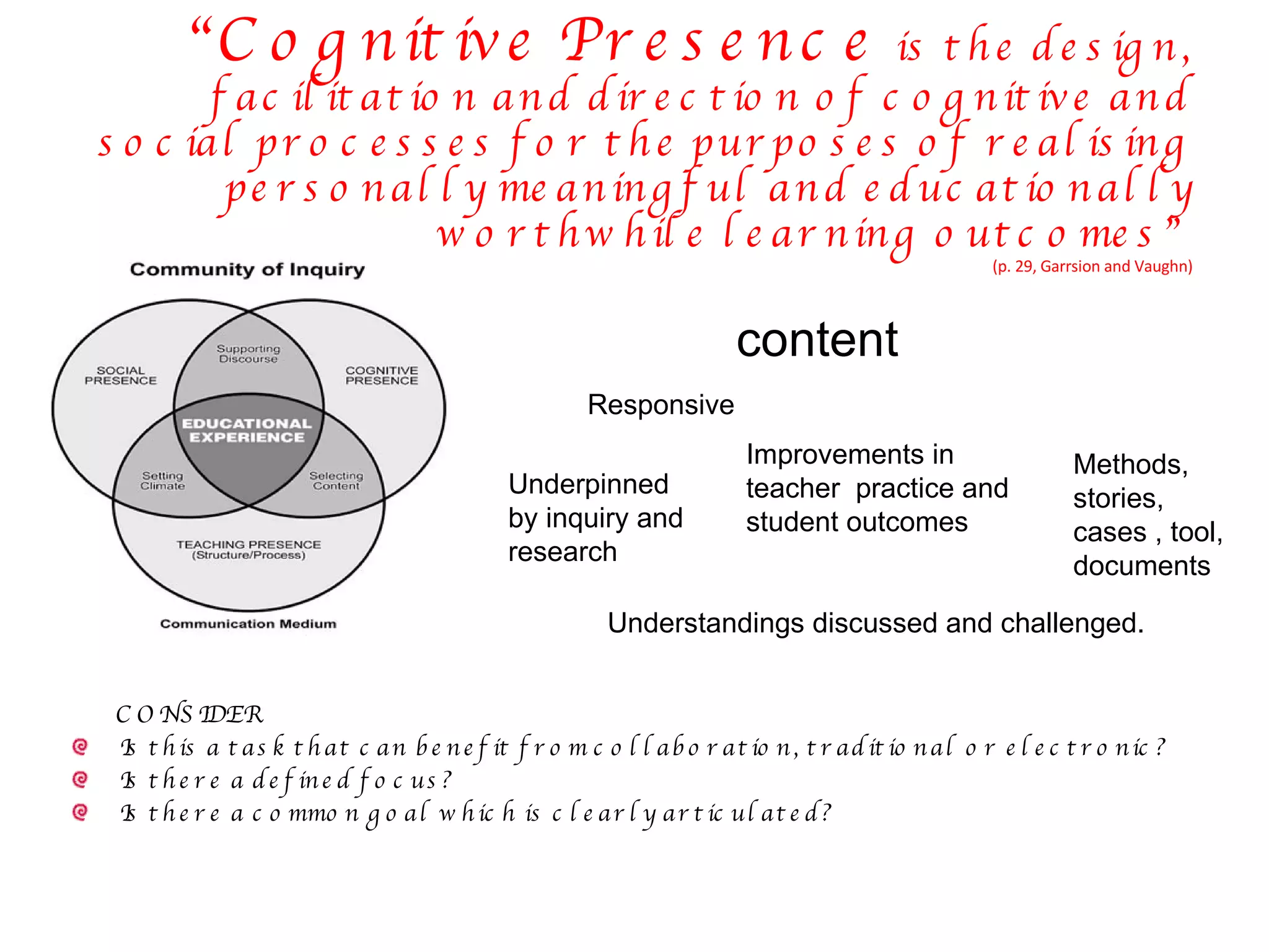 “ Cognitive Presence  is the design, facilitation and direction of cognitive and social processes for the purposes of realising personally meaningful and educationally worthwhile learning outcomes”  (p. 29, Garrsion and Vaughn) CONSIDER Is this a task that can benefit from collaboration, traditional or electronic? Is there a defined focus? Is there a common goal which is clearly articulated? Underpinned by inquiry and research Improvements in teacher  practice and student outcomes Responsive Methods, stories, cases , tool, documents Understandings discussed and challenged. content 