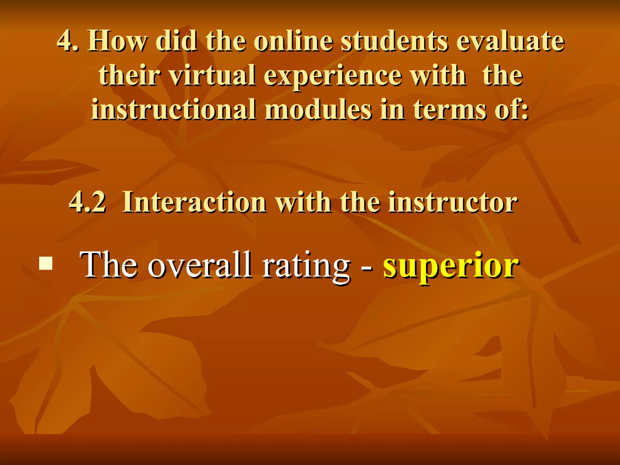 4. How did the online students evaluate their virtual experience with  the instructional modules in terms of: 4.2  Interaction with the instructor The overall rating -  superior 