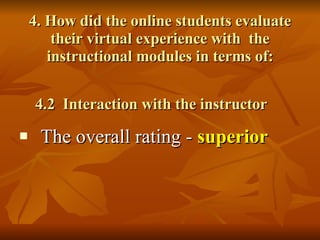 4. How did the online students evaluate their virtual experience with  the instructional modules in terms of: 4.2  Interaction with the instructor The overall rating -  superior 