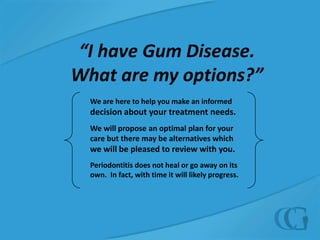 Fight Periodontal Disease  Risk FactorsSmoking:Smokingreduces blood supply to the bones surrounding the teeth, and produces harmful heat and toxins in the mouth.Stress:Stress can make it harder for your body to fight off infection.Diet:Nutrients keep your body strong.  Poor nutrition can worsen the condition of your gums.