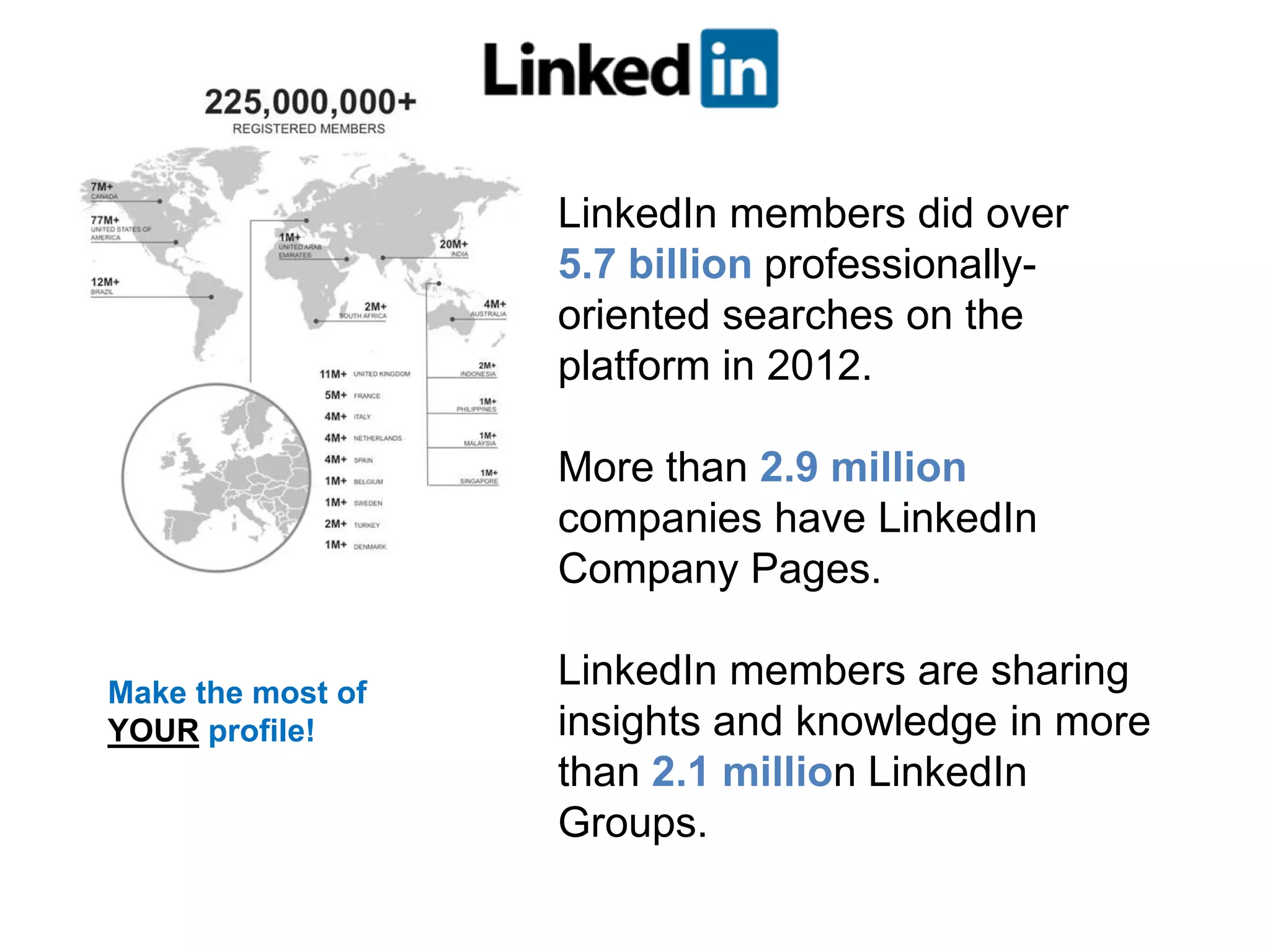 Make the most of
YOUR profile!
LinkedIn members did over
5.7 billion professionally-
oriented searches on the
platform in 2012.
More than 2.9 million
companies have LinkedIn
Company Pages.
LinkedIn members are sharing
insights and knowledge in more
than 2.1 million LinkedIn
Groups.
 