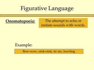 Figurative Language
Onomatopoeia:

The attempt to echo or
imitate sounds with words.

Example:
Bow-wow, oink-oink, tic-tac...