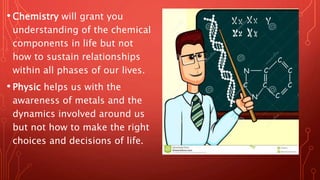 • Chemistry will grant you
understanding of the chemical
components in life but not
how to sustain relationships
within all phases of our lives.
• Physic helps us with the
awareness of metals and the
dynamics involved around us
but not how to make the right
choices and decisions of life.
 