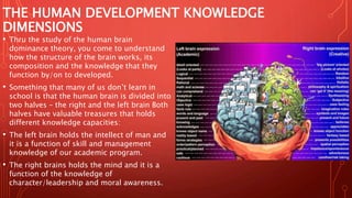 THE HUMAN DEVELOPMENT KNOWLEDGE
DIMENSIONS
• Thru the study of the human brain
dominance theory, you come to understand
how the structure of the brain works, its
composition and the knowledge that they
function by/on to developed.
• Something that many of us don’t learn in
school is that the human brain is divided into
two halves – the right and the left brain Both
halves have valuable treasures that holds
different knowledge capacities:
• The left brain holds the intellect of man and
it is a function of skill and management
knowledge of our academic program.
• The right brains holds the mind and it is a
function of the knowledge of
character/leadership and moral awareness.
 