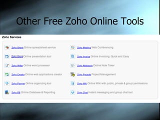 Other Free Zoho Online Tools Zoho Writer (word processing) Zoho Sheet (spreadsheet) Zoho Polls (surveys) Zoho Creator (online databases) Zoho Wiki More … at Zoho.com 