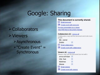 Google: Sharing  Collaborators Viewers Asynchronous “ Create Event” = Synchronous 