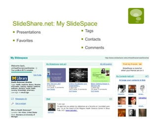 SlideShare.net: My SlideSpace
   Presentations         Tags

   Favorites             Contacts

                          Comments
 