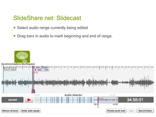 SlideShare.net: Slidecast
   Select audio range currently being edited

   Drag bars in audio to mark beginning and end of range.
 