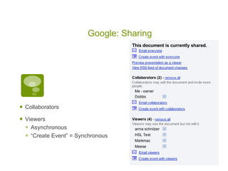 Google: Sharing




   Collaborators

   Viewers
     Asynchronous
     “Create Event” = Synchronous
 