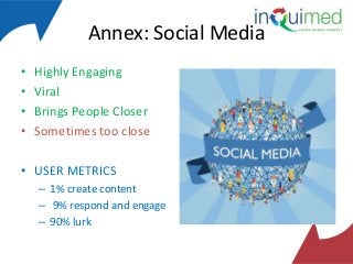 Annex: Social Media
•
•
•
•

Highly Engaging
Viral
Brings People Closer
Sometimes too close

• USER METRICS
– 1% create content
– 9% respond and engage
– 90% lurk

 