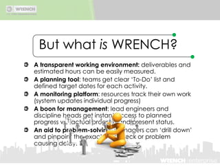 Package to payoffWhat is the progress? (cost/schedule performance index)Work packageDeliverablesWhat percentage is completed?Were they completed on schedule?MilestonesWithout WRENCH, you need about 2000 manual updates per week (assuming 500 deliverables per package) to assess progress