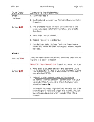 ENGL 317 Technical Writing Page 2 of 2
Due Date Complete the Following
Week 5
continued
Sunday 2/10
1. Study: slidedoc 3.
2. Use feedback to revise your Technical Documentation
if needed.
3. Find or create visuals for slides (you will need to site
source visuals so note that information) and create
slideshow.
4. Write script and practice it.
5. Record voice-over to slideshow.
6. Peer Review: Slidecast Due. Go to the Peer Review
Forum and follow the directions to post the URL to your
slidecast.
Week 6
Monday 2/11 Go to the Peer Review Forum and follow the directions to
respond to a peer’s slidecast.
Sunday 2/17
PROJECT 2 DELIVERABLES DUE. Submit your work as follows:
1. Write a self-evaluation and cut and paste the URL to
your slidecast at the top of your document file. Submit
as a Word or PDF file.
2. To avoid a point penalty, verify your submission.
Do not rely solely on bblearn’s confirmation that your
work submitted. You need to check that your work
submitted correctly.
This means you need to go back to the drop box after
submitting your work and check that the URL will work
by cutting and pasting what you submitted into a
browser.
 