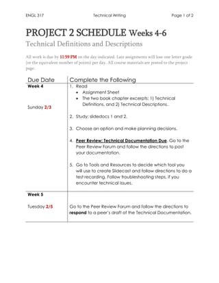 ENGL 317 Technical Writing Page 1 of 2
PROJECT 2 SCHEDULE Weeks 4-6
Technical Definitions and Descriptions
All work is due by 11:59 PM on the day indicated. Late assignments will lose one letter grade
(or the equivalent number of points) per day. All course materials are posted to the project
page.
Due Date Complete the Following
Week 4
Sunday 2/3
1. Read
• Assignment Sheet
• The two book chapter excerpts: 1) Technical
Definitions, and 2) Technical Descriptions.
2. Study: slidedocs 1 and 2.
3. Choose an option and make planning decisions.
4. Peer Review: Technical Documentation Due. Go to the
Peer Review Forum and follow the directions to post
your documentation.
5. Go to Tools and Resources to decide which tool you
will use to create Slidecast and follow directions to do a
test recording. Follow troubleshooting steps, if you
encounter technical issues.
Week 5
Tuesday 2/5 Go to the Peer Review Forum and follow the directions to
respond to a peer’s draft of the Technical Documentation.
 