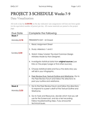 ENGL 317 Technical Writing Page 1 of 3
PROJECT 3 SCHEDULE Weeks 7-9
Data Visualization
All work is due by 11:59 PM on the day indicated. Late assignments will lose one letter grade
(or the equivalent number of points) per day. All course materials are posted to the project
page.
Due Date Complete the Following
Week 7
Monday 2/18 PRESIDENT'S DAY - UI Closed
Sunday 2/24
1. Read: Assignment Sheet
2. Study: slidedocs 1 and 2
3. Watch Video Tutorial: The Most Common Design
Mistakes Made by Non-Designers
4. Investigate statistical data from original sources (use
links on the project page or find other sources).
5. Choose statistical data and focus the data story you
will tell in your infographic.
6. Peer Review Due: Textual Outline and Wireframe. Go to
the Peer Review Forum and follow the directions to
post your outline and wireframe.
Week 8
Monday 2/25
1. Go to the Peer Review Forum and follow the directions
to respond to a peer’s draft of the Textual Outline and
Wireframe.
2. Go to Tools and Resources, decide which tool you will
use for the Screencast, and do a test recording.
Follow troubleshooting steps, if you encounter
technical issues.
 