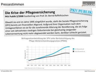 Pressestimmen

Beitragssatzentwicklung der SPV unter Berücksichtigung des
Pflege-Weiterentwicklungsgesetzes (PfWG)

© Claudia Möller 2013

www.finesurance.de

 