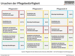 Ursachen der Pflegebedürftigkeit
Pflegestufe I

Pflegestufe II

Psychische und
Verhaltensstörungen

18,6 %

Krankheiten des
Kreislaufsystems

Krankheiten des
Kreislaufsystems

17,7 %

Bösartige Neubildungen

Symptome und abnorme
klinische und Laborbefunde,
die nicht anderorts
klassifiziert werden können

17,1 %

Psychische und
Verhaltensstörungen

15,5 %

Symptome und abnorme
klinische und Laborbefunde,
die nicht anderorts
klassifiziert werden können

Krankheiten des Muskelund Skelettsystems und
des Bindegewebes

Bösartige Neubildungen

8,6 %

Krankheiten des Muskelund Skelettsystems und
des Bindegewebes

Pflegestufe III
17,7 %

Bösartige Neubildungen

8,6 %

Krankheiten des
Kreislaufsystems

17,7 %

18,6 %

Psychische und
Verhaltensstörungen

18,6 %

17,1 %

Krankheiten des Muskelund Skelettsystems und
des Bindegewebes

15,5 %

15,5 %

Symptome und abnorme
klinische und Laborbefunde,
die nicht anderorts
klassifiziert werden können

17,1 %

8,6 %

Quelle: Pflegebericht des Medizinischen Dienstes 2001/2002 – Die fünf häufigsten Krankheitsgruppen
© Claudia Möller 2013

www.finesurance.de

 