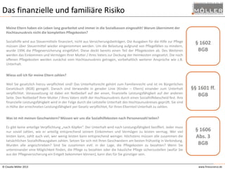 Das finanzielle und familiäre Risiko
Meine Eltern haben ein Leben lang gearbeitet und immer in die Sozialkassen eingezahlt! Warum übernimmt der
Hochtaunuskreis nicht die kompletten Pflegekosten?
Sozialhilfe wird aus Steuermitteln finanziert, nicht aus Versicherungsbeiträgen. Die Ausgaben für die Hilfe zur Pflege
müssen über Steuermittel wieder eingenommen werden. Um die Belastung aufgrund von Pflegefällen zu mindern,
wurde 1996 die Pflegeversicherung eingeführt. Diese deckt bereits einen Teil der Pflegekosten ab. Des Weiteren
werden das Einkommen und Vermögen Ihrer Mutter / Ihres Vaters zur Deckung der Heimkosten eingesetzt. Die noch
offenen Pflegekosten werden zunächst vom Hochtaunuskreis getragen, vorbehaltlich weiterer Ansprüche wie z.B.
Unterhalt.

§ 1602
BGB

Wieso soll ich für meine Eltern zahlen?
Weil Sie gesetzlich hierzu verpflichtet sind! Das Unterhaltsrecht gehört zum Familienrecht und ist im Bürgerlichen
Gesetzbuch (BGB) geregelt. Danach sind Verwandte in gerader Linie (Kinder – Eltern) einander zum Unterhalt
verpflichtet. Voraussetzung ist dabei ein Notbedarf auf der einen, finanzielle Leistungsfähigkeit auf der anderen
Seite. Den Notbedarf Ihrer Mutter / Ihres Vaters stellt der Hochtaunuskreis durch einen Sozialhilfebescheid fest. Ihre
finanzielle Leistungsfähigkeit wird in der Folge durch die Leitstelle Unterhalt des Hochtaunuskreises geprüft. Sie sind
in Höhe der errechneten Leistungsfähigkeit per Gesetz verpflichtet, für Ihren Elternteil Unterhalt zu zahlen.

§§ 1601 ff.
BGB

Was ist mit meinen Geschwistern? Müssen wir uns die Sozialhilfekosten nach Personenzahl teilen?
Es gibt keine anteilige Verpflichtung „nach Köpfen“. Der Unterhalt wird nach Leistungsfähigkeit beziffert. Jeder muss
nur soviel zahlen, wie er anteilig entsprechend seinem Einkommen und Vermögen zu leisten vermag. Wer viel
leisten kann, zahlt auch viel, wer wenig leisten kann entsprechend weniger. Höchstens müssen alle zusammen die
tatsächlichen Sozialhilfeausgaben zahlen. Setzen Sie sich mit Ihren Geschwistern am besten frühzeitig in Verbindung.
Wurden alle angeschrieben? Sind Sie zusammen evtl. in der Lage, die Pflegekosten zu bezahlen? Wenn Sie
untereinander eine Möglichkeit finden, die Pflege zu bezahlen oder die häusliche Pflege sicherzustellen (wofür Sie
aus der Pflegeversicherung ein Entgelt bekommen können), kann dies für Sie günstiger sein.
© Claudia Möller 2013

§ 1606
Abs. 3
BGB

www.finesurance.de

 