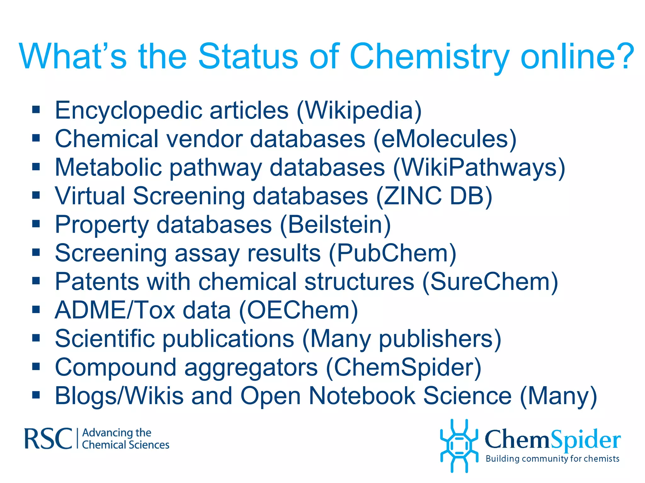What’s the Status of Chemistry online? Encyclopedic articles (Wikipedia) Chemical vendor databases (eMolecules) Metabolic pathway databases (WikiPathways) Virtual Screening databases (ZINC DB) Property databases (Beilstein) Screening assay results (PubChem) Patents with chemical structures (SureChem) ADME/Tox data (OEChem) Scientific publications (Many publishers) Compound aggregators (ChemSpider) Blogs/Wikis and Open Notebook Science (Many) 