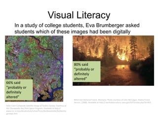 Visual Literacy
In a study of college students, Eva Brumberger asked
students which of these images had been digitally
altered.

66% said
“probably or
definitely
altered”
False Color Composite Satellite Image of Fairfax County. Courtesy of
the Chesapeake Bay from Space Program. Available at http://
www.cnr.vt.edu/dendro/sols/schoolTrees/fairfaxsatalite/fairfaxima
gemaps.htm.

80% said
“probably or
definitely
altered”

Bitterroot National Forest, Montana. Photo courtesy of John McColgan, Alaska Forest
Service. (2000). Available at http:// earthobservatory.nasa.gov/IOTD/view.php?id=843.

 