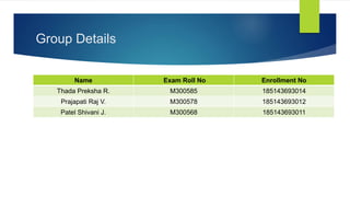 Group Details
Name Exam Roll No Enrollment No
Thada Preksha R. M300585 185143693014
Prajapati Raj V. M300578 185143693012
Patel Shivani J. M300568 185143693011
 