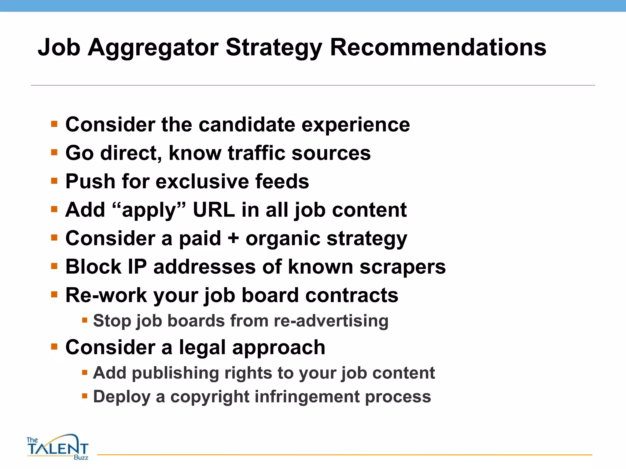 Job Aggregator Strategy Recommendations Consider the candidate experience Go direct, know traffic sources Push for exclusive feeds Add “apply” URL in all job content Consider a paid + organic strategy Block IP addresses of known scrapers Re-work your job board contracts Stop job boards from re-advertising Consider a legal approach Add publishing rights to your job content Deploy a copyright infringement process 