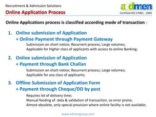 Online Application Process Certified ISO 27001 : 2005
Online Applications process is classified according mode of transaction :
1. Online submission of Application
+ Online Payment through Payment Gateway
2. Online submission of Application
+ Payment through Bank Challan
3. Offline Submission of Application Form
+ Payment through Cheque/DD by post
Submission on short notice; Recurrent process; Large volumes;
Applicable for Higher class of applicants with access to online Banking;
Requires lot of delivery time;
Manual feeding of data & validation of transaction, so error prone;
Almost obsolete, only special provision where online facility is not available;
Submission on short notice; Recurrent process; Large volumes;
Applicable for any class of applicants;
www.admengroup.com
Recruitment & Admission Solutions
 