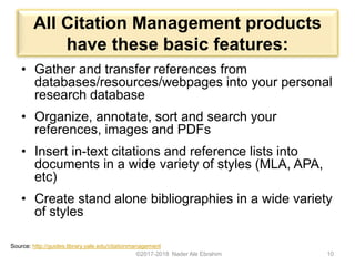 All Citation Management products
have these basic features:
• Gather and transfer references from
databases/resources/webpages into your personal
research database
• Organize, annotate, sort and search your
references, images and PDFs
• Insert in-text citations and reference lists into
documents in a wide variety of styles (MLA, APA,
etc)
• Create stand alone bibliographies in a wide variety
of styles
©2017-2018 Nader Ale Ebrahim 10
Source: http://guides.library.yale.edu/citationmanagement
 