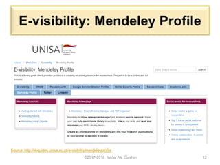 E-visibility: Mendeley Profile
©2017-2018 Nader Ale Ebrahim 12
Source: http://libguides.unisa.ac.za/e-visibility/mendeleyprofile
 