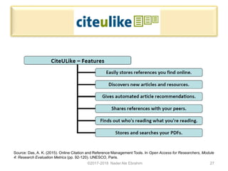 ©2017-2018 Nader Ale Ebrahim 27
Source: Das, A. K. (2015). Online Citation and Reference Management Tools. In Open Access for Researchers, Module
4: Research Evaluation Metrics (pp. 92-120). UNESCO, Paris.
 