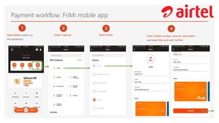 Payment workflow: FriMi mobile app
1
Select Billers option on
the dashboard
2
Select Telecom
3
Select Airtel
4
Enter mobile number, amount, description
and select the card and Confirm
 