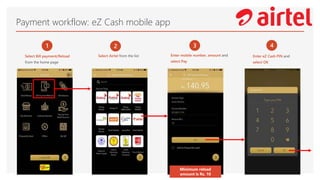 Payment workflow: eZ Cash mobile app
1
Select Bill payment/Reload
from the home page
2
Select Airtel from the list
3
Enter mobile number, amount and
select Pay
4
Enter eZ Cash PIN and
select OK
Minimum reload
amount is Rs. 10
 