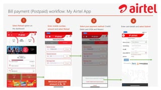 Bill payment (Postpaid) workflow: My Airtel App
1
Select Reload option on
the dashboard
2
Enter mobile number,
amount and select Reload
3
Select your payment method: Credit/
Debit card (VISA and Master)
4
Enter card details and select Submit
Minimum payment
amount is Rs. 10
 