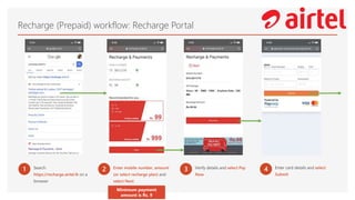 Recharge (Prepaid) workflow: Recharge Portal
1 Search
https://recharge.airtel.lk on a
browser
2 Enter mobile number, amount
(or select recharge plan) and
select Next
3 Verify details and select Pay
Now
4 Enter card details and select
Submit
Minimum payment
amount is Rs. 9
 