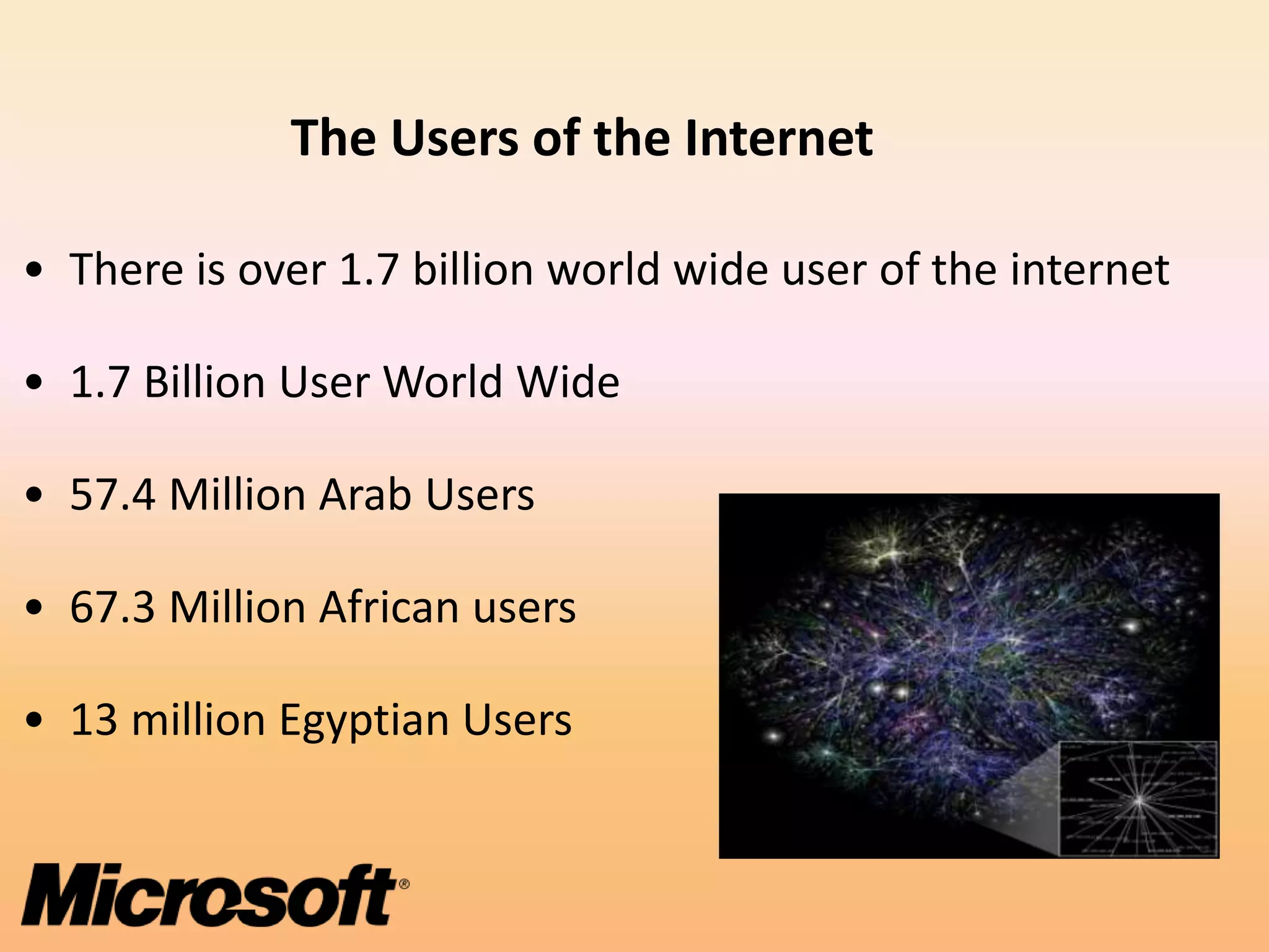The Users of the Internet

• There is over 1.7 billion world wide user of the internet

• 1.7 Billion User World Wide

• 57.4 Million Arab Users

• 67.3 Million African users

• 13 million Egyptian Users
 