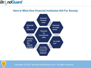 Copyright © 2013 BrandGuardSoftware.com All rights reserved
Here Is What One Financial Institution Did For Society
Financed
Panama
canal
Financed
1st
transatlantic
cable
Financed
1st super
tanker
Financed
1st
jumbo jet
1st credit
card
1st savings
account with
compound
interest
Provides
cash to
pay
salaries
of NGOs
 