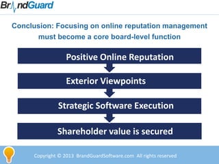 Conclusion: Focusing on online reputation management
must become a core board-level function
Copyright © 2013 BrandGuardSoftware.com All rights reserved
Positive Online Reputation
Strategic Software Execution
Shareholder value is secured
Exterior Viewpoints
 