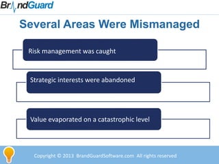 Several Areas Were Mismanaged
“I am determined to
ensure that we can lock
in greater stability … in
this generation”
(2006)
“Retail banks appear to
have adequate
financial resources
today”
(2007)
Risk management was blind-sided
Strategic interests were abandoned
Value evaporated on a catastrophic level
Risk management was caught
Copyright © 2013 BrandGuardSoftware.com All rights reserved
 